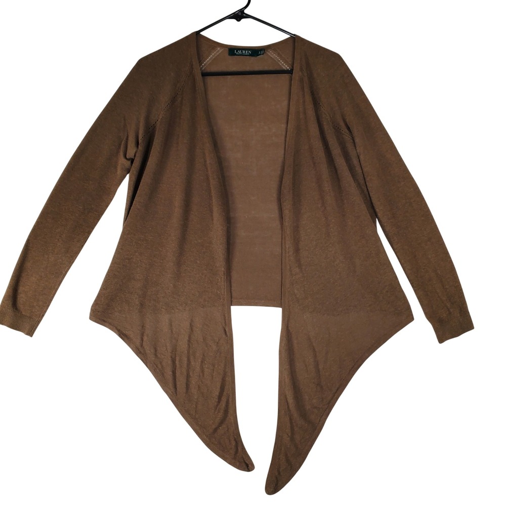 Lauren Ralph Lauren Brown Linen Blend Handkerchief Hem Open Front Cardigan Small